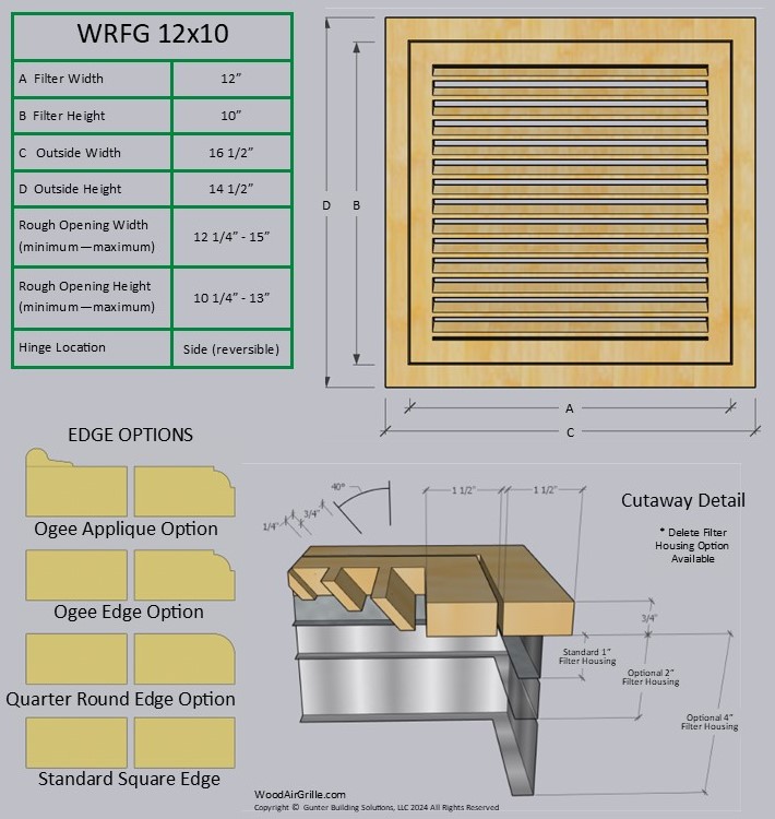 Technical specification details for the 12x10 Wood Return Air Filter Grille
