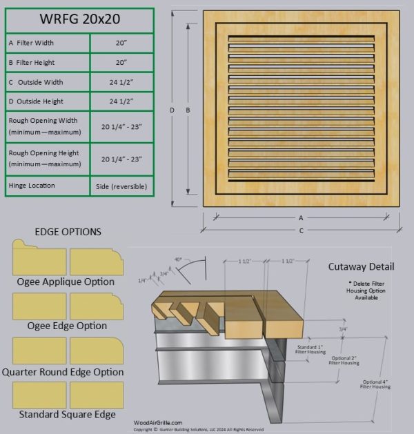 Technical specification details for the 20x20 Wood Return Air Filter Grille