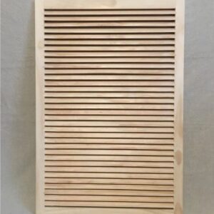 A wooden slat wall hanging on the side of a wall.