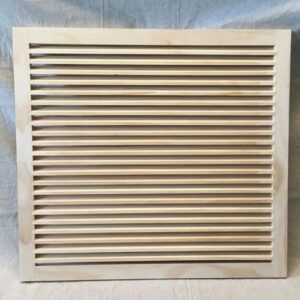 A wooden air vent with slats on it.