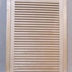 A wooden window with slats on the outside.