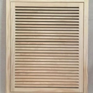 A wooden window with slats on the outside.