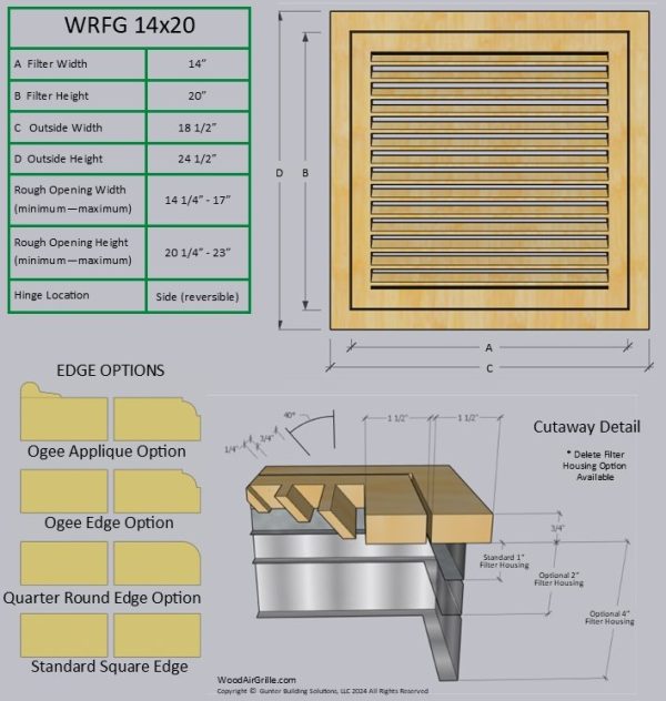 Technical specification details for the 14x20 Wood Return Air Filter Grille
