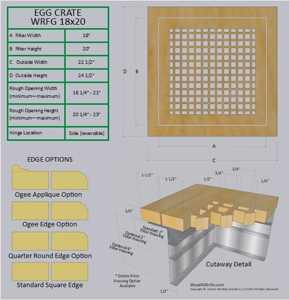 Technical specification details for the 18x20 Wood Return Egg Crate Filter Grille