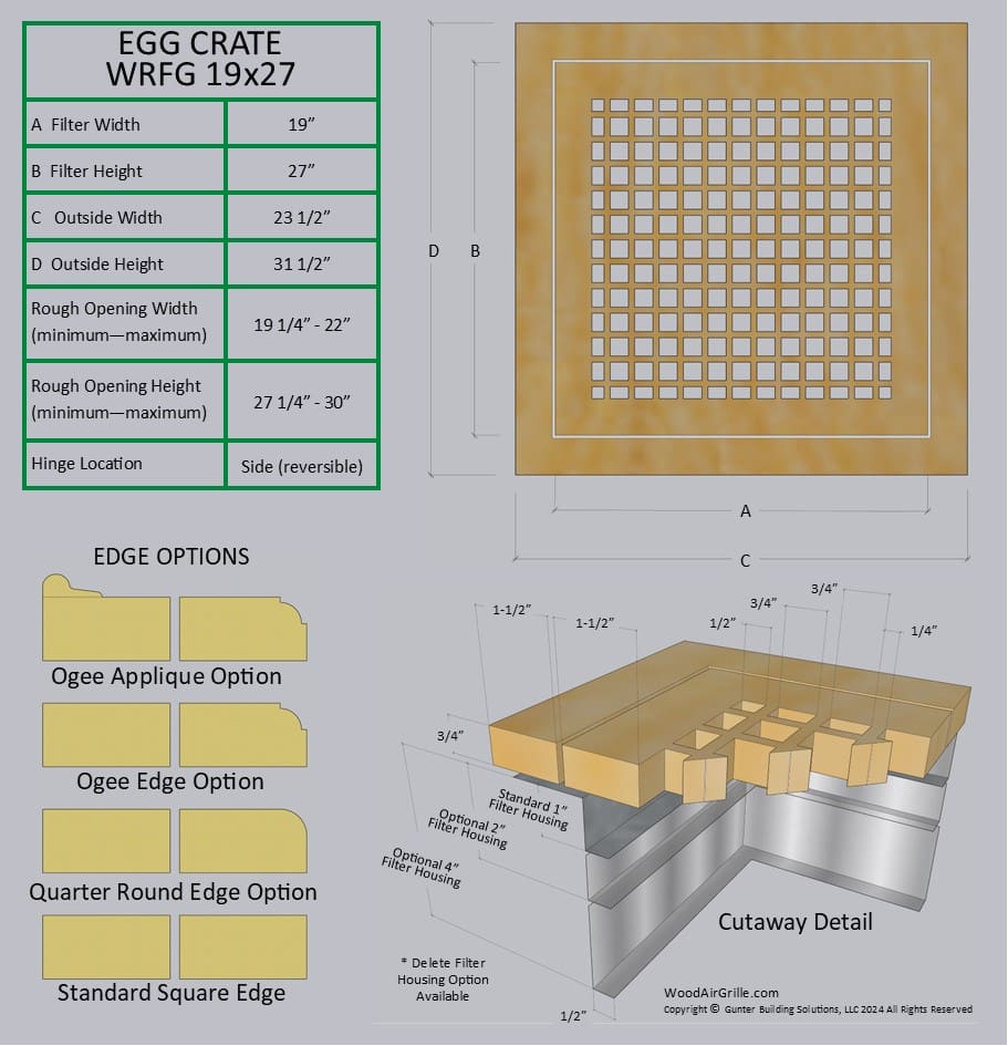 Technical specification details for the 19x27 Wood Return Egg Crate Filter Grille