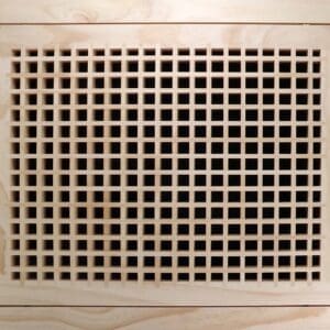 Front Perspective Representation of 20x16 Wood Return Egg Crate Filter Grille.