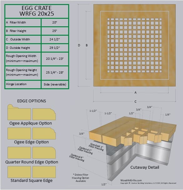 Technical specification details for the 20x25 Wood Return Egg Crate Filter Grille