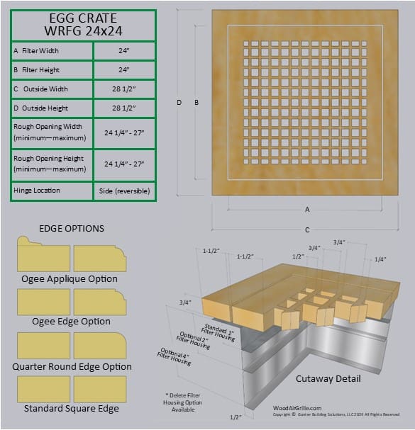Technical specification details for the 24x24 Wood Return Egg Crate Filter Grille
