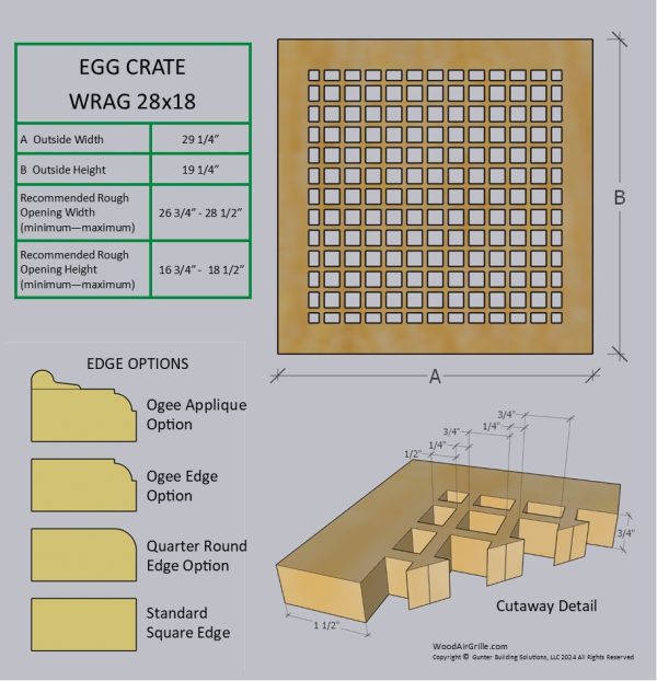 Technical specification details for the 28x18 Wood Return Egg Crate Grille