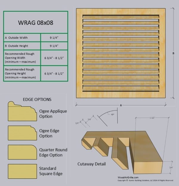 Technical specification details for the 08x08 Wood Return Air Grille