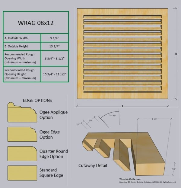 Technical specification details for the 08x12 Wood Return Air Grille