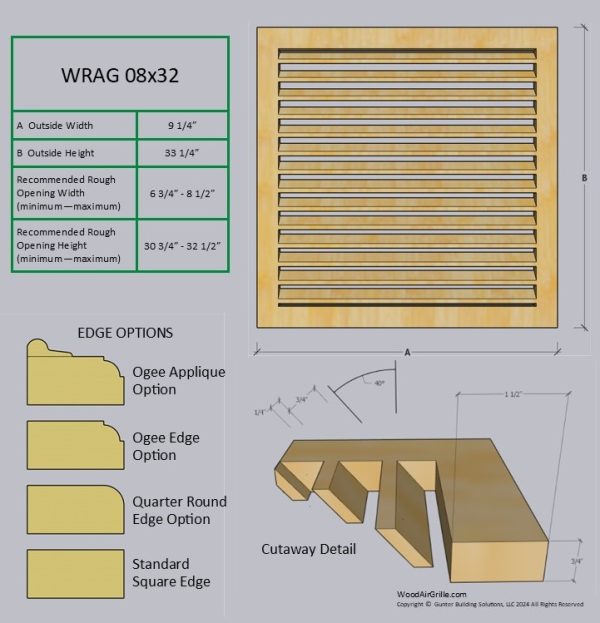 Technical specification details for the 08x32 Wood Return Air Grille