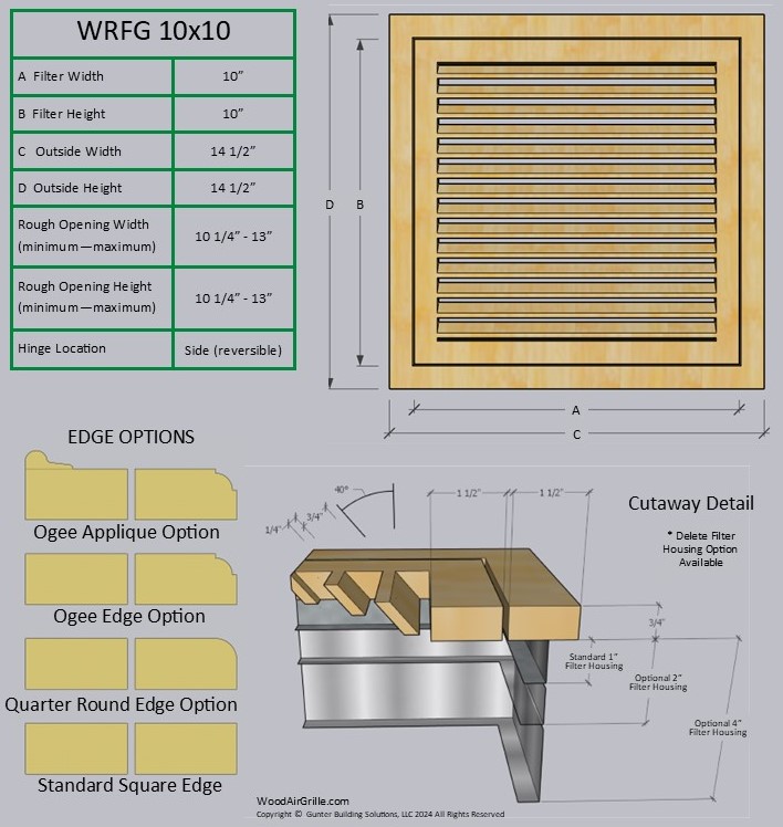 Technical specification details for the 10x10 Wood Return Air Filter Grille