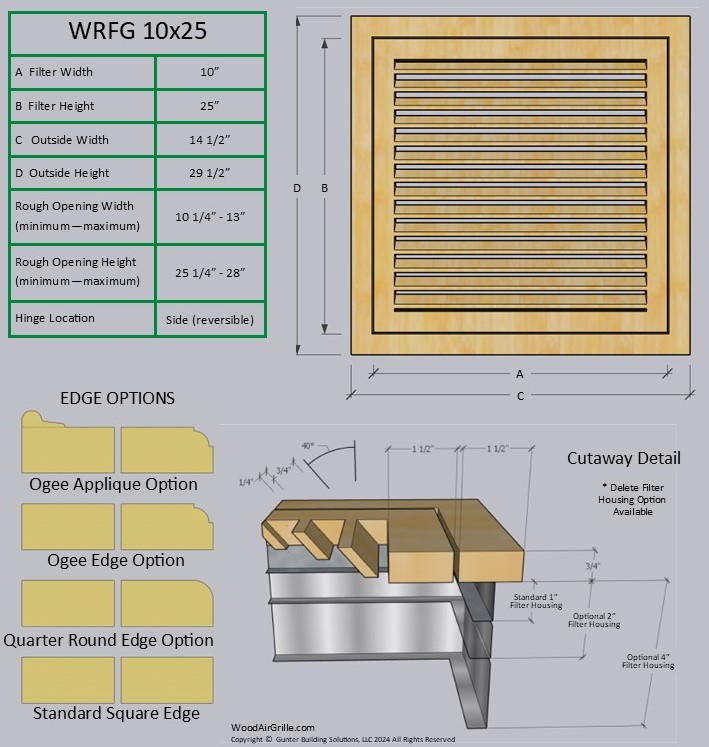 Technical specification details for the 10x25 Wood Return Air Filter Grille