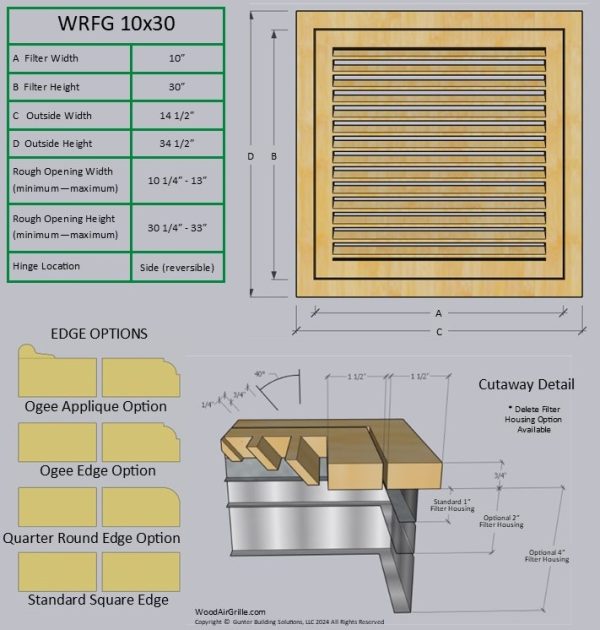 Technical specification details for the 10x30 Wood Return Air Filter Grille