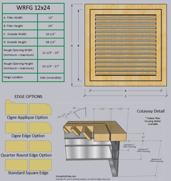 Technical specification details for the 12x24 Wood Return Air Filter Grille