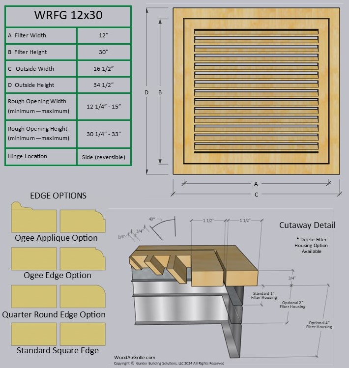 Technical specification details for the 12x30 Wood Return Air Filter Grille