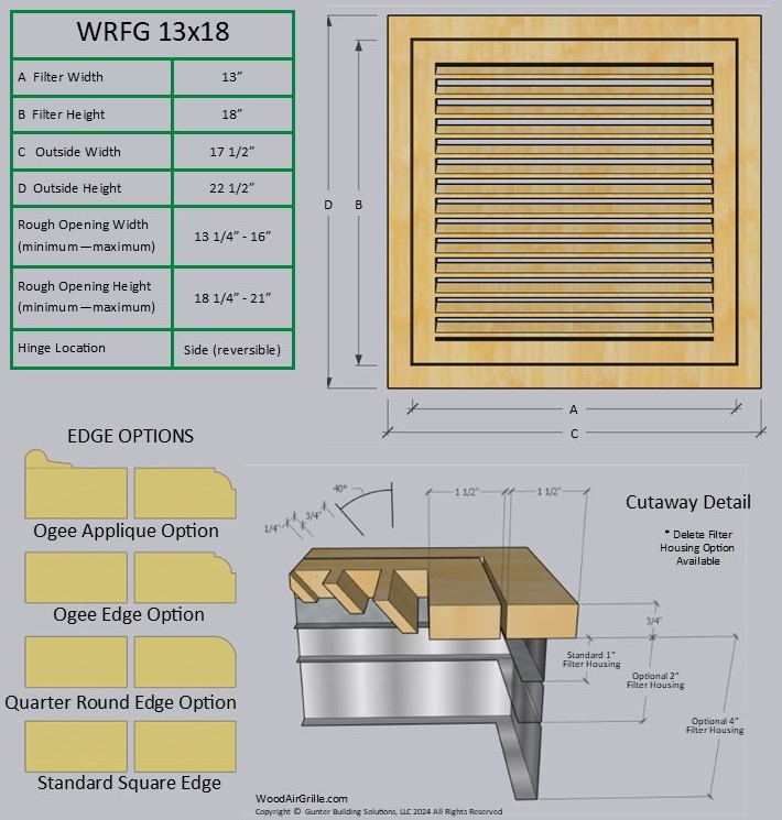 Technical specification details for the 13x18 Wood Return Air Filter Grille