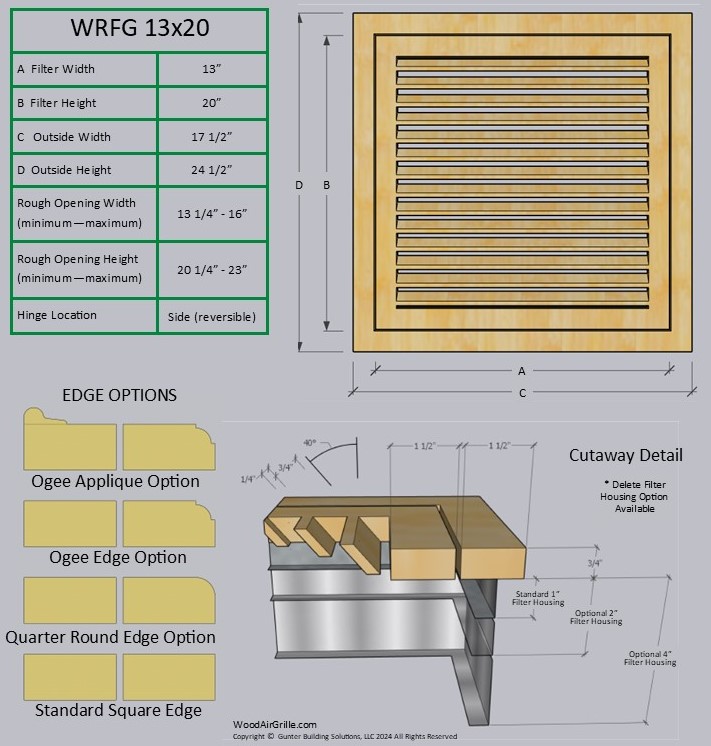 Technical specification details for the 13x20 Wood Return Air Filter Grille