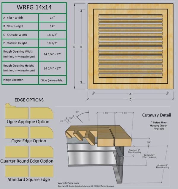 Technical specification details for the 14x14 Wood Return Air Filter Grille
