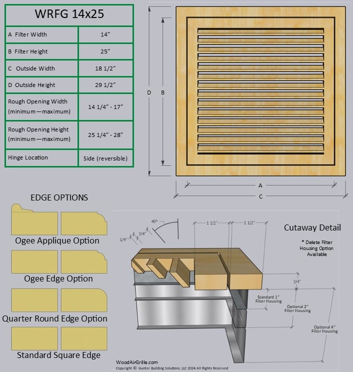 Technical specification details for the 14x25 Wood Return Air Filter Grille