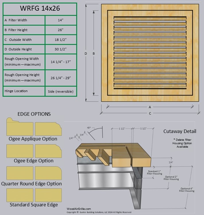 Technical specification details for the 14x26 Wood Return Air Filter Grille