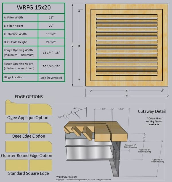 Technical specification details for the 15x20 Wood Return Air Filter Grille