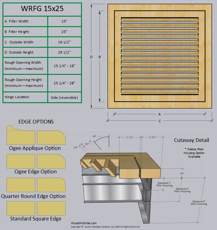 Technical specification details for the 15x25 Wood Return Air Filter Grille