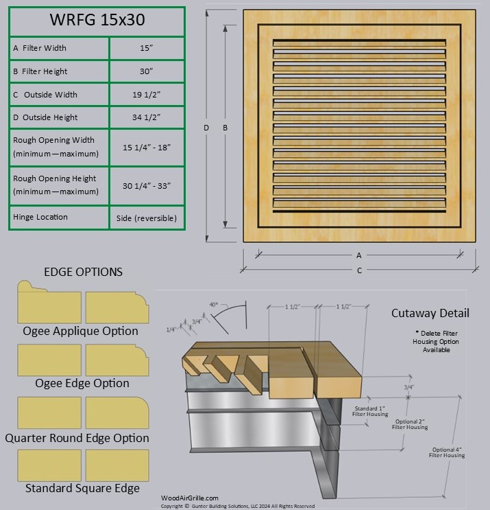 Technical specification details for the 15x30 Wood Return Air Filter Grille