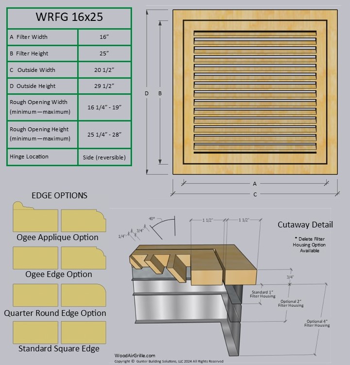 Technical specification details for the 16x25 Wood Return Air Filter Grille