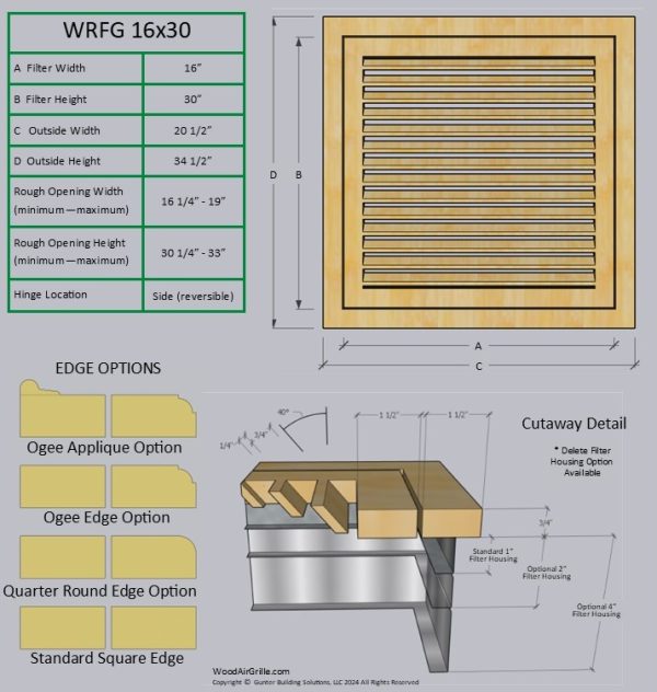 Technical specification details for the 16x30 Wood Return Air Filter Grille