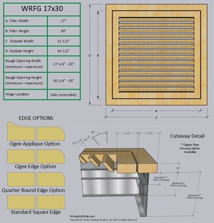 Technical specification details for the 17x30 Wood Return Air Filter Grille