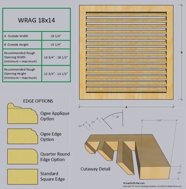 Technical specification details for the 18x14 Wood Return Air Grille