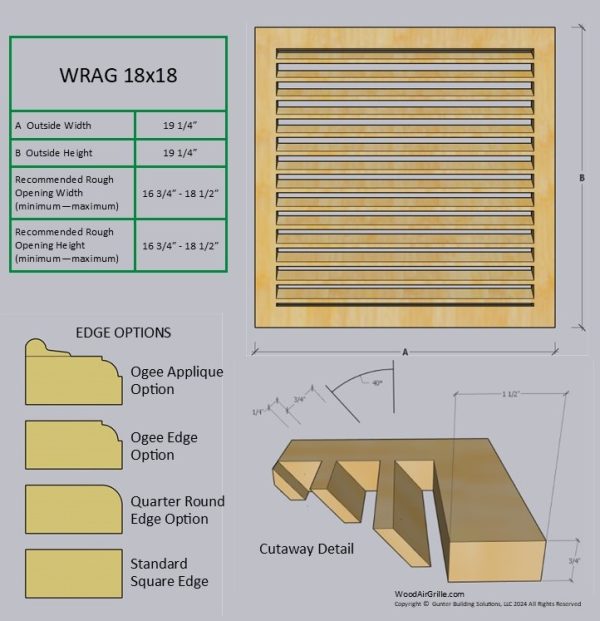 Technical detail sheet for the 18x18 Wood Return Air Grille.