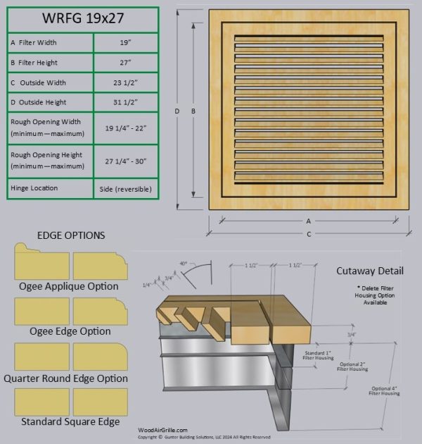 Technical specification details for the 19x27 Wood Return Air Filter Grille