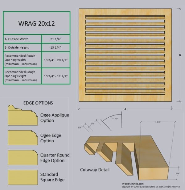 Technical specification details for the 20x12 Wood Return Air Grille