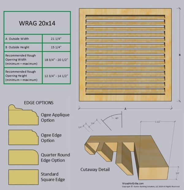 Technical specification details for the 20x14 Wood Return Air Grille