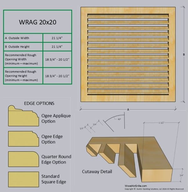 Technical specification details for the 20x20 Wood Return Air Grille