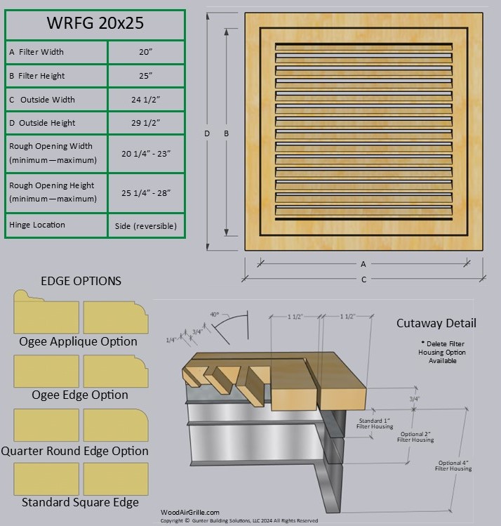 Technical specification details for the 20x25 Wood Return Air Filter Grille