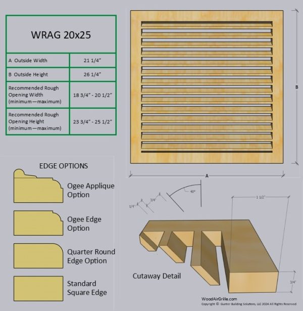 Technical specification details for the 20x25 Wood Return Air Grille