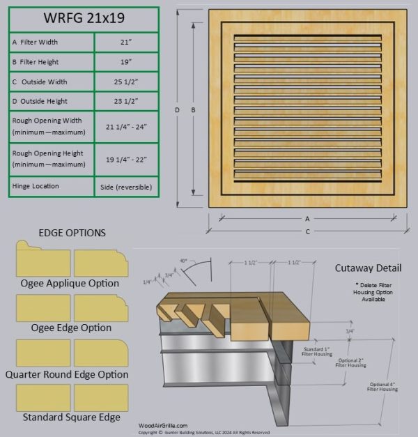 Technical specification details for the 21x19 Wood Return Air Filter Grille