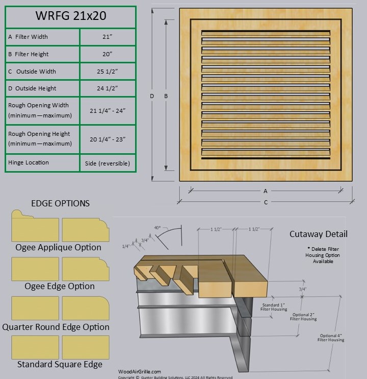 Technical specification details for the 21x20 Wood Return Air Filter Grille