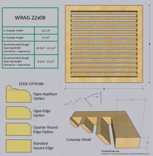 Technical specification details for the 22x08 Wood Return Air Grille