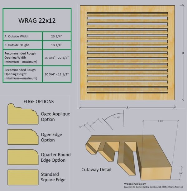 Technical specification details for the 22x12 Wood Return Air Grille