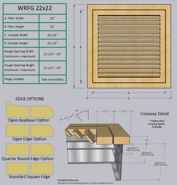 Technical specification details for the 22x22 Wood Return Air Filter Grille