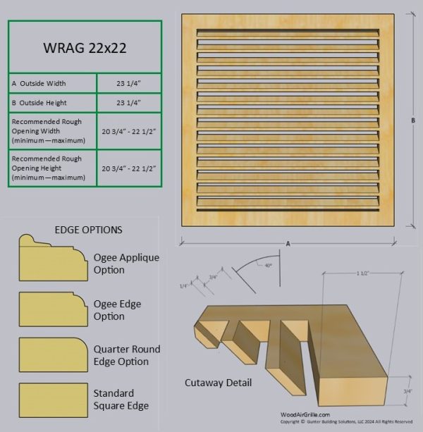 Technical specification details for the 22x22 Wood Return Air Grille