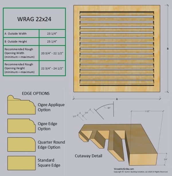 Technical specification details for the 22x24 Wood Return Air Grille