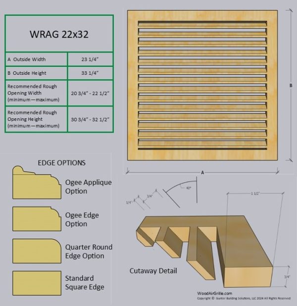 Technical specification details for the 22x32 Wood Return Air Grille