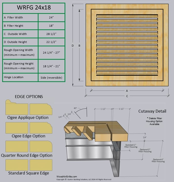 Technical specification details for the 24x18 Wood Return Air Filter Grille