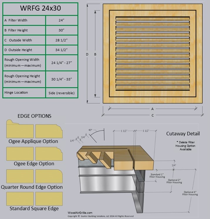 Technical specification details for the 24x30 Wood Return Air Filter Grille